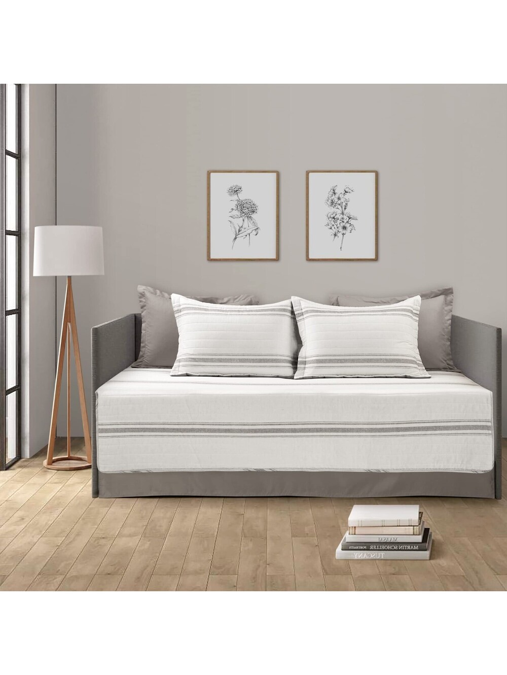 Lush Decor Farmhouse Stripe Gray Cotton Daybed Cover Set 6 Pc Twin Open Box New